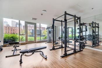 Strength training area with squat racks and bench